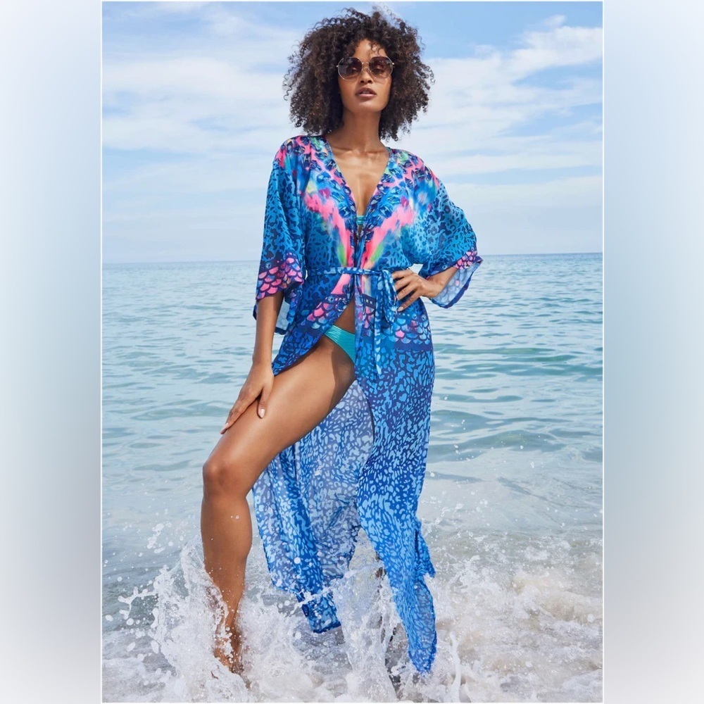 Vibrant Blue and Pink Animal Print Kimono